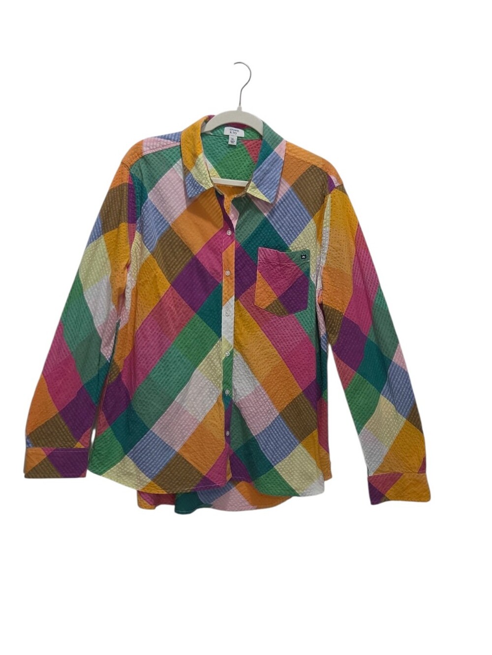 Crown & Ivy XL Multicolor Plaid Seersucker Cotton Button Down Shirt Preppy